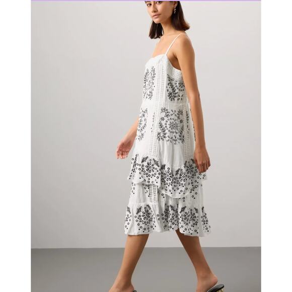 Marissa‎ Webb Dress Womens 4 White Black Eyelet Embroidered Midi Ruffle Cotton - Picture 1 of 12